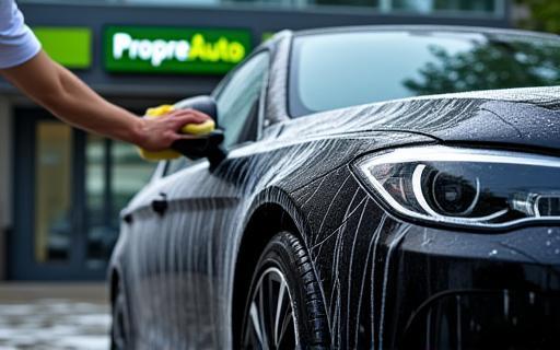 Voiture noire en cours de lavage manuel devant le centre PropreAuto à Lyon